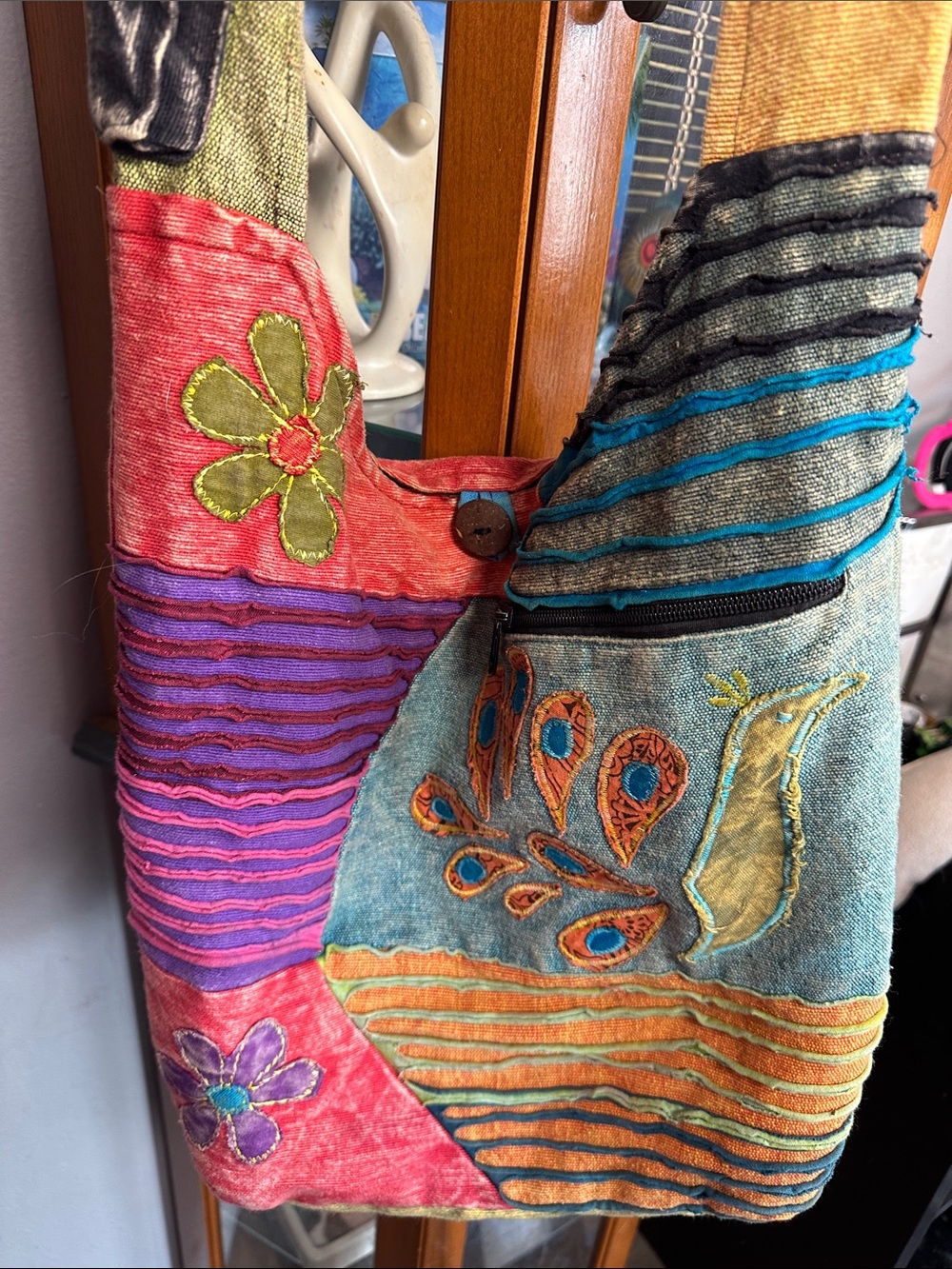 Handmade Multicolor Embroidered Shoulder Bag with Peacock Motif